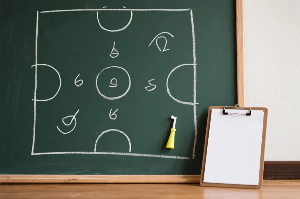 A tactical chalkboard with basketball plays drawn in white chalk, with a whistle and a clipboard nearby