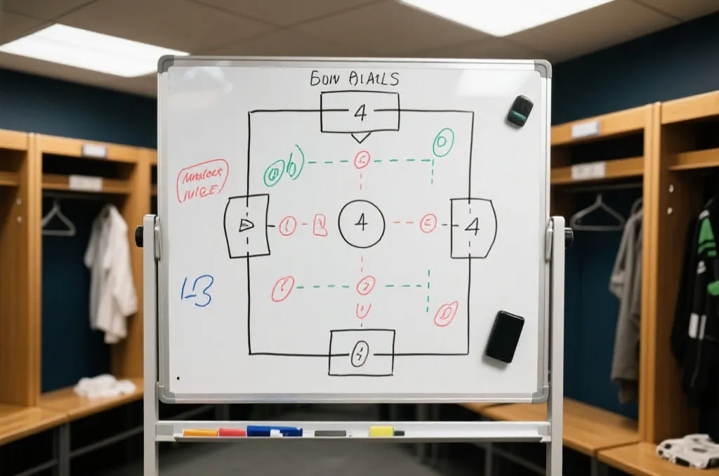 tactical whiteboard in locker room with football formations drawn in marker