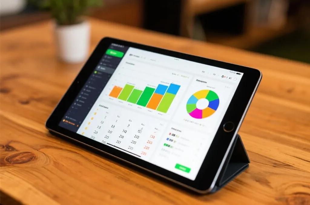 modern tablet displaying colorful sports analytics graphs and match schedule on wooden desk