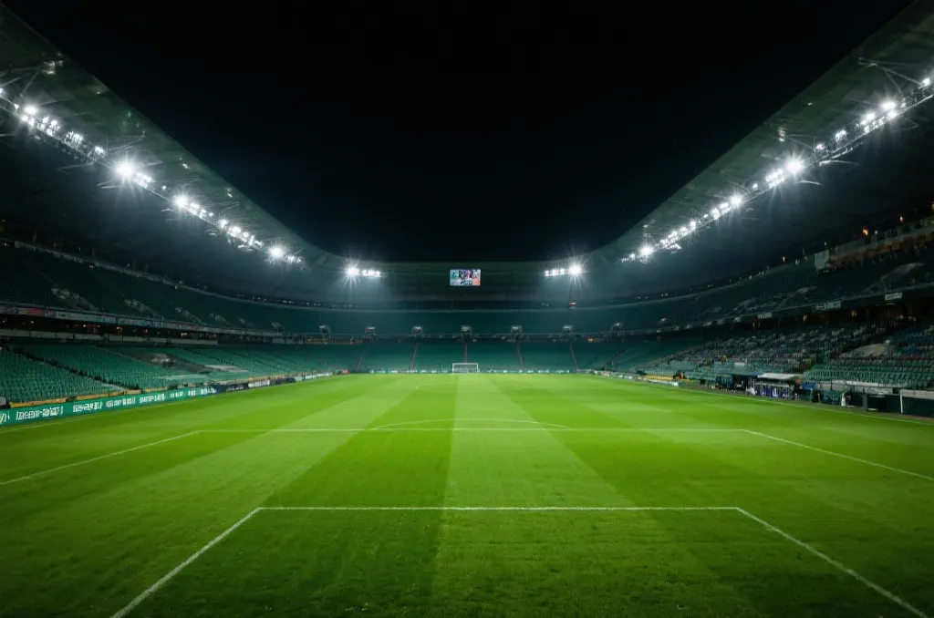 A professional soccer stadium at night with bright stadium lights shining onto the green grass