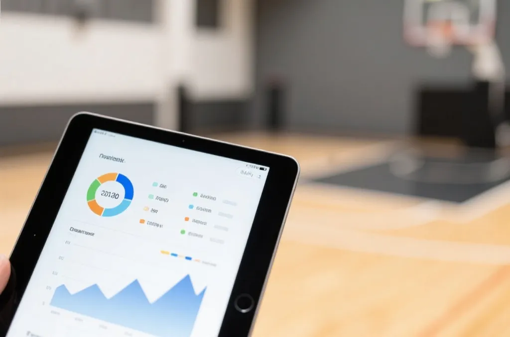 Close up of a tablet screen displaying clean sports data analytics and charts