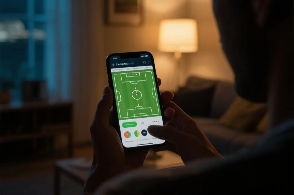 A person holding a mobile phone showing a live soccer match tracker and real-time infographics