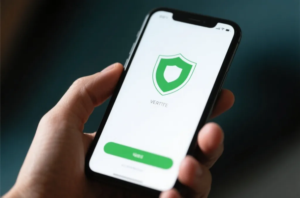 Smartphone screen displaying a verified secure mobile application dashboard with a green checkmark